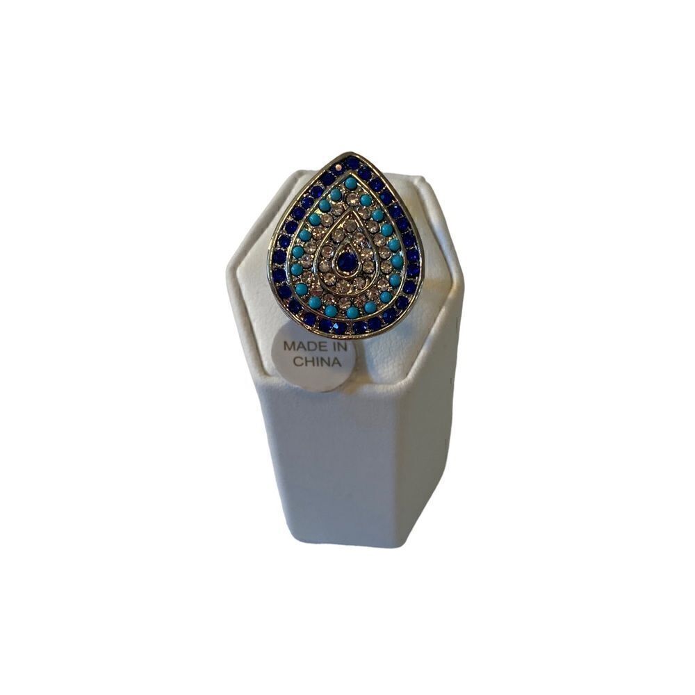 Teardrop Shaped Evil Eye Jeweled Silver Toned Ring in Ladies Sz. 8